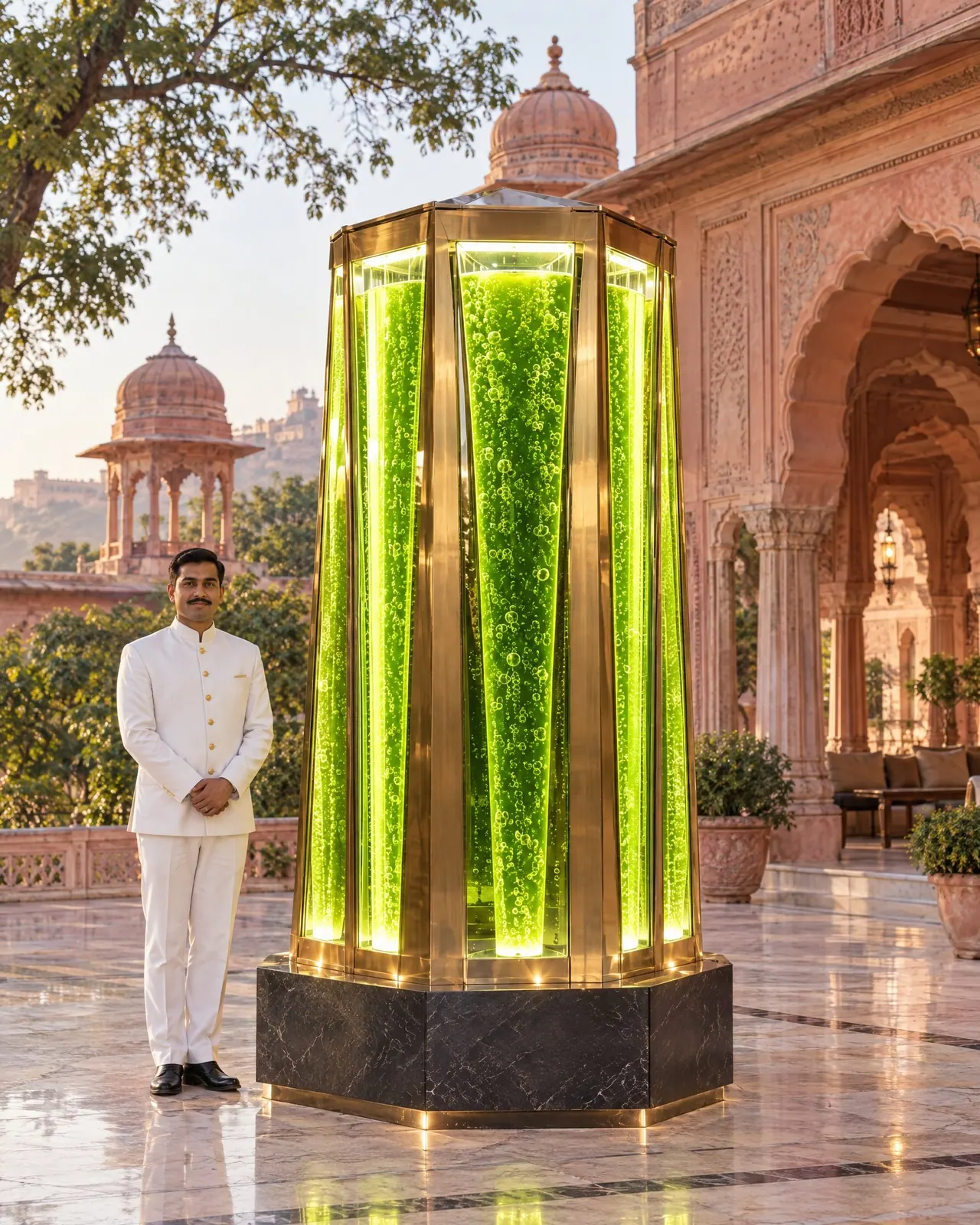 Visualisation: a tall living column in the courtyard of a pink sandstone palace, a man in a white sherwani beside it