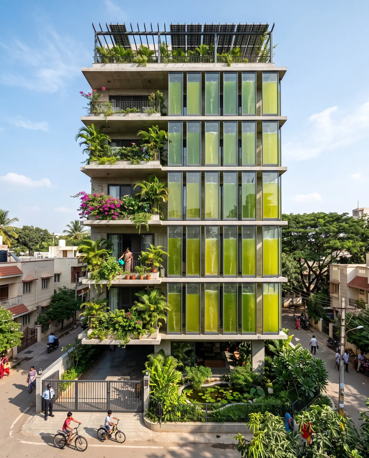 Visualisation: a five-storey building with green photobioreactor panels on its facade, plants on every balcony