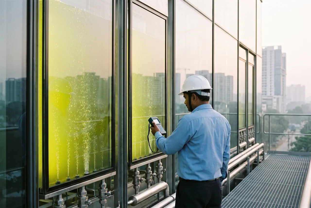 Visualisation: an engineer checking photobioreactor panels on a building facade with a city skyline behind