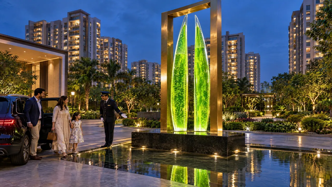 Visualisation: a gateway of two glowing green blades at the entrance to a township at dusk
