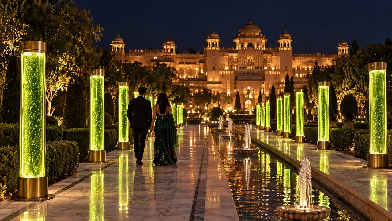 Visualisation: a couple walking a palace garden path lined with glowing green lanterns at night