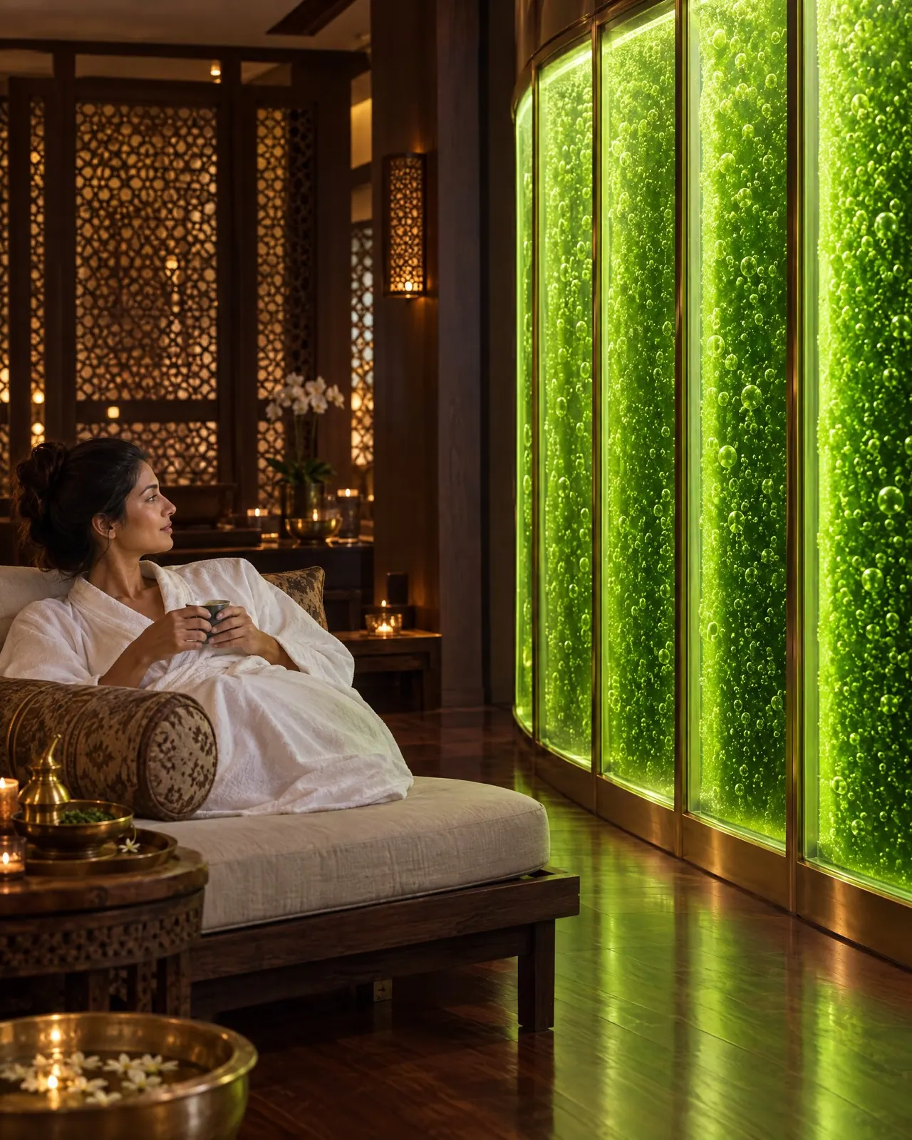 Visualisation: a woman resting in a spa beside a wall of glowing green culture