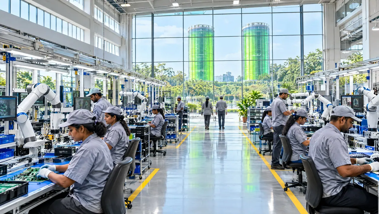 Visualisation: a working factory floor with two green towers outside the glass wall