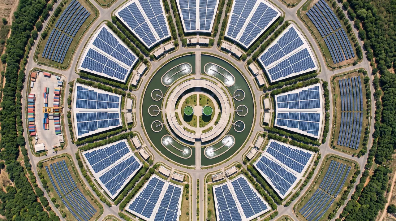Visualisation: top-down view of a ring-shaped industrial park with solar roofs around a green core