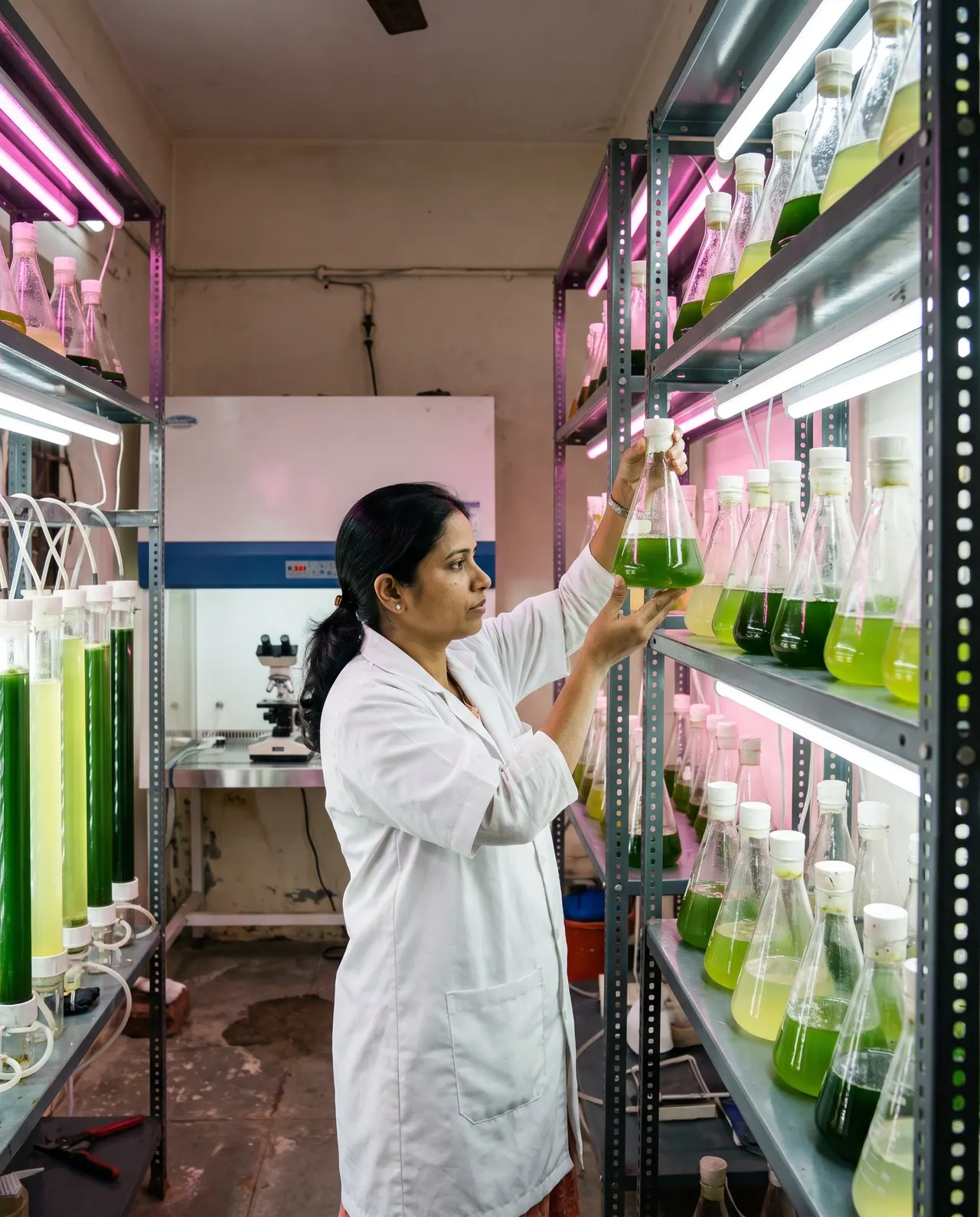 Visualisation: a scientist holding up a flask of green culture in a laboratory