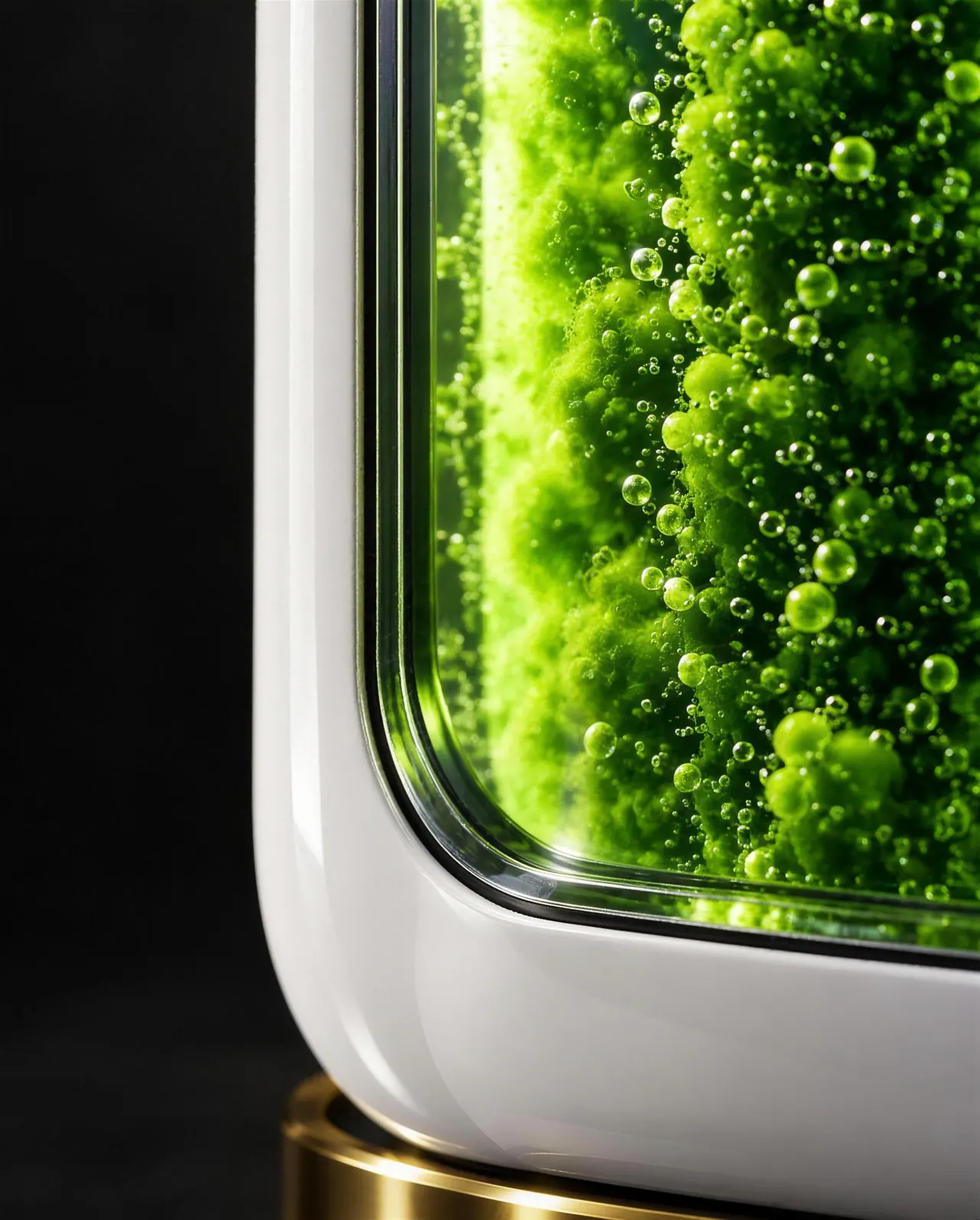 Visualisation: close-up of bright green microalgae and oxygen bubbles behind curved glass