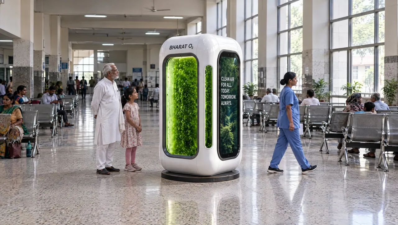 Visualisation: a Bharat O₂ unit in a busy hospital waiting hall, with an elderly man and a girl looking at it