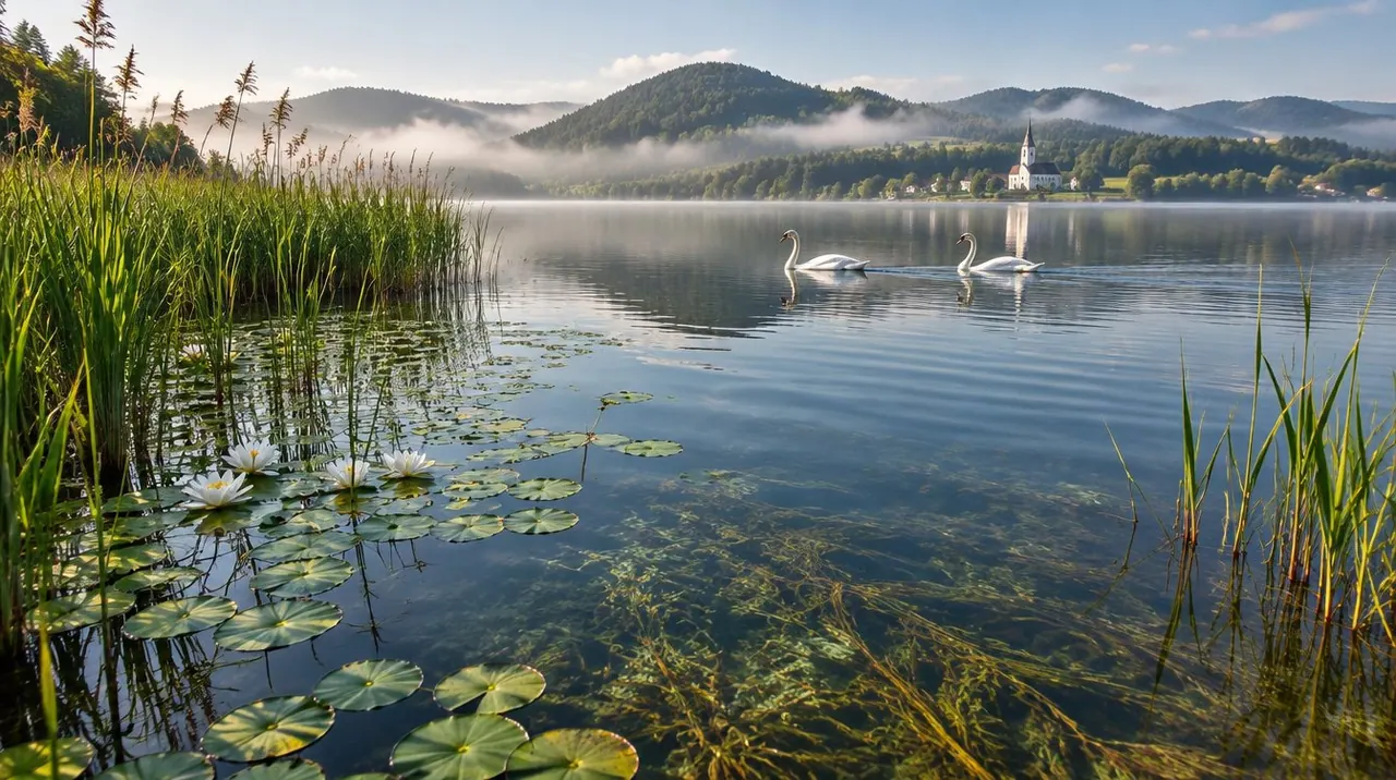 Visualisation: a clear lake with reeds, lilies and swans under misty hills