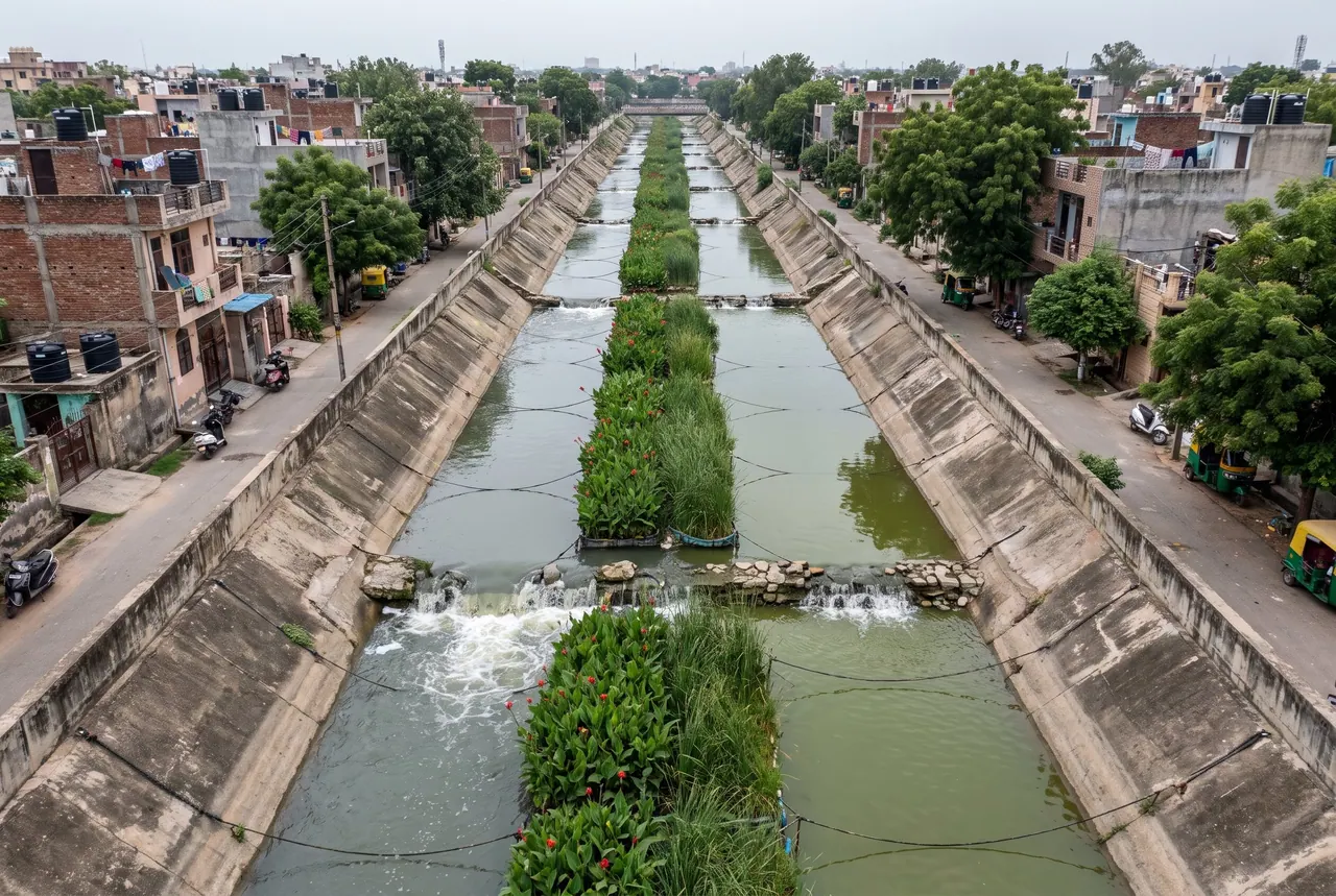 Visualisation: a city drain with planted floating beds running down its centre
