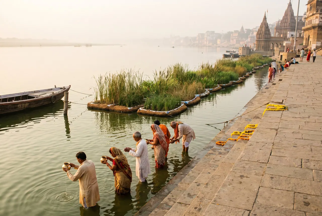 Visualisation: people bathing at a river ghat beside floating wetlands