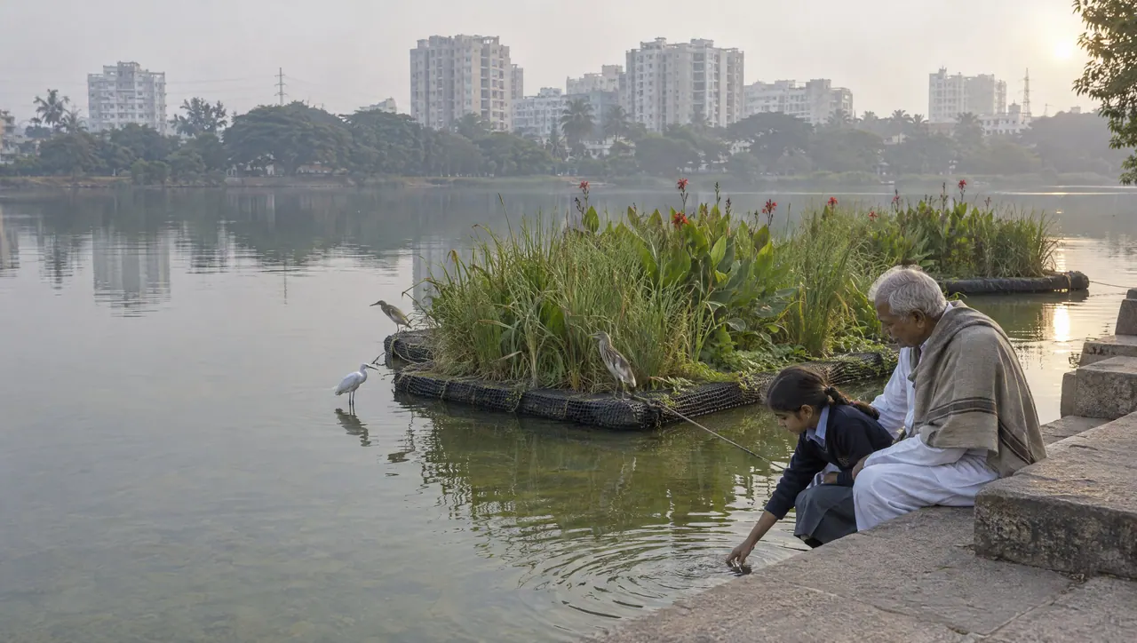 Visualisation: an old man and a child at the edge of a lake with a floating wetland