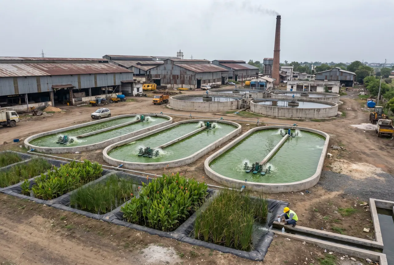 Visualisation: treatment ponds planted with reed beds beside a factory chimney