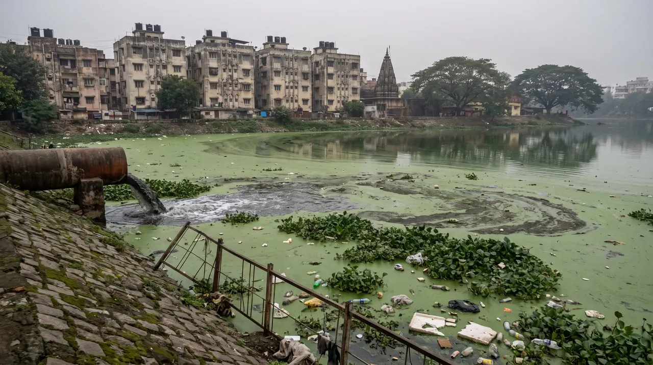 Visualisation: a choked city lake with a sewage pipe and floating weed