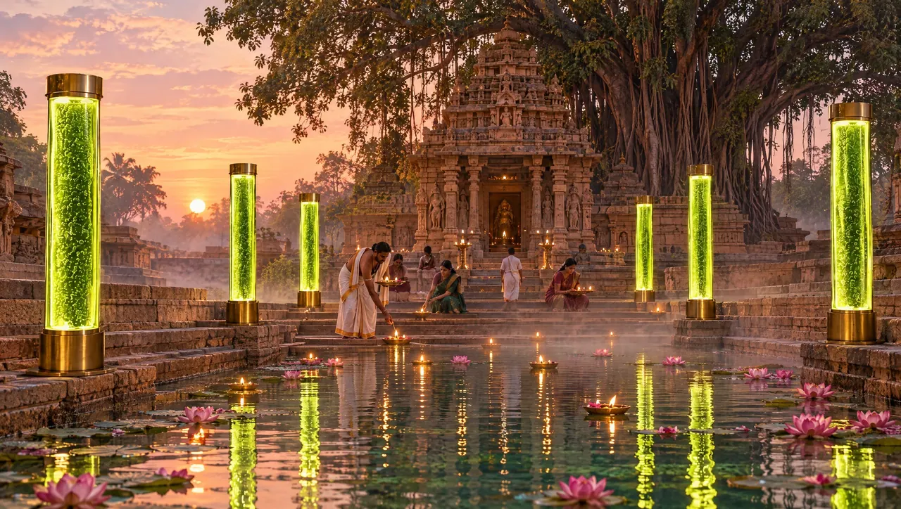 Visualisation: a temple tank at dusk lit by living columns and lotus flowers