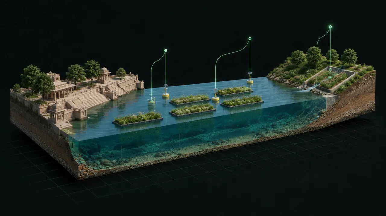 Visualisation: a cut-away 3D model of a river with numbered sensors, floating wetlands and ghats